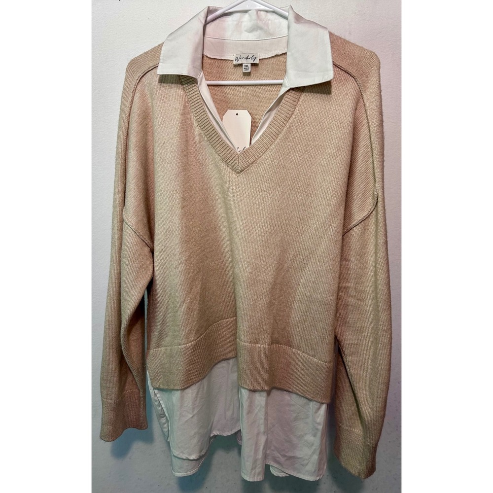 Wonderly Womens XXL Ceramic Tan 2-in-1 Mixed Media V-Neck Sweater NWT BWO6052